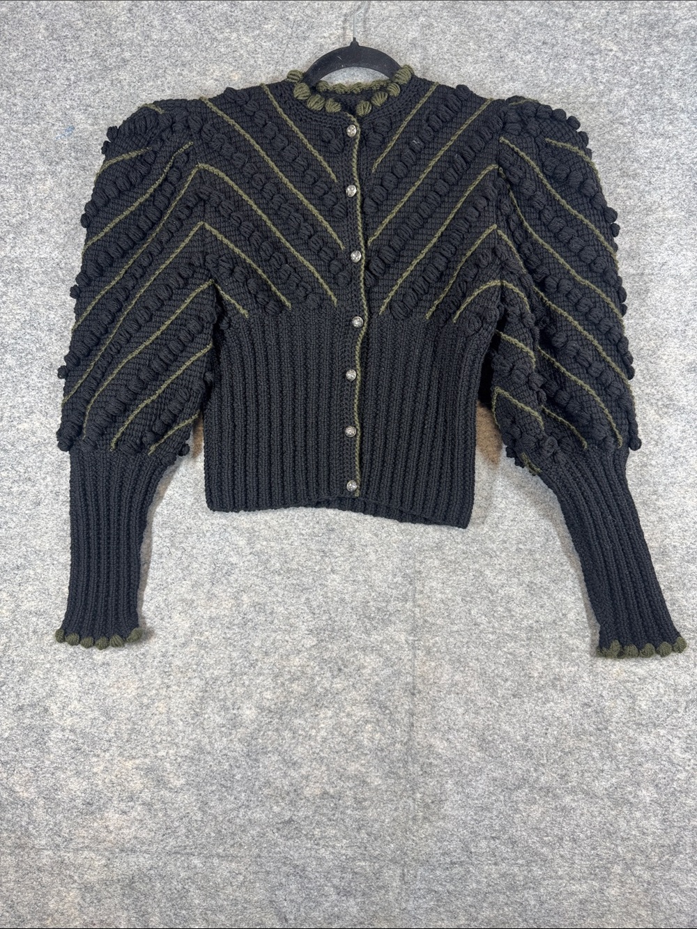 Vintage 80s Black Cropped Puff Sleeve Knit Cardigan Boho Handmade No Size - Picture 2 of 13